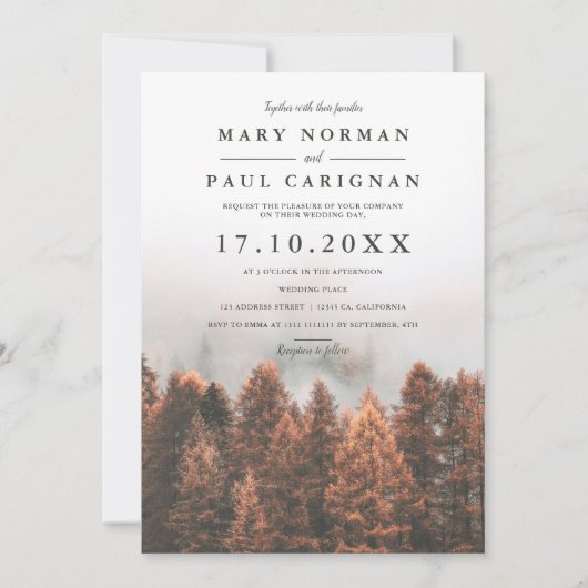 秋冬の松の木の森フォトシック結婚ズ 招待状 (正面)