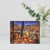 秋分とフクロウの樽（2つ） シーズンポストカード (スタンド正面)