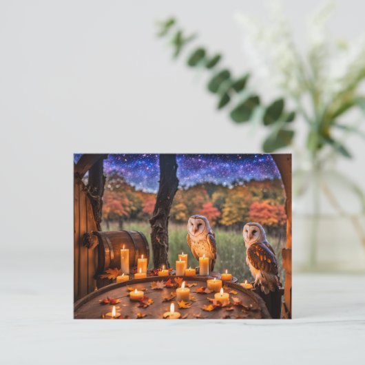 秋分とフクロウの樽(2つ) シーズンポストカード (スタンド正面)