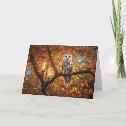 秋分の美しいフクロウのロウソクと秋 カード (正面)