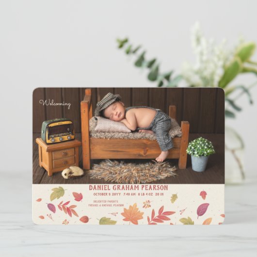 秋到着写真出産の告知 案内状 (スタンド正面)
