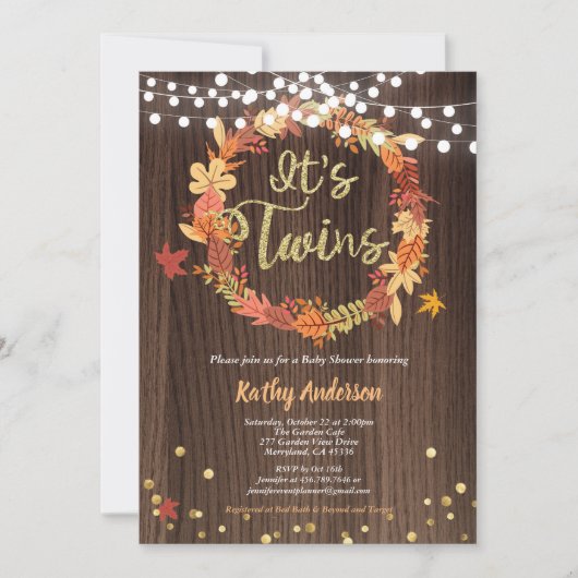 秋双生児シャワー田舎の木リース 招待状 (正面)