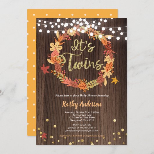 秋双生児シャワー田舎の木リース 招待状 (正面/裏面)