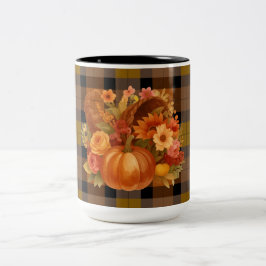 秋収穫用の季節性コルヌコピア付きプレイド ツートーンマグカップ