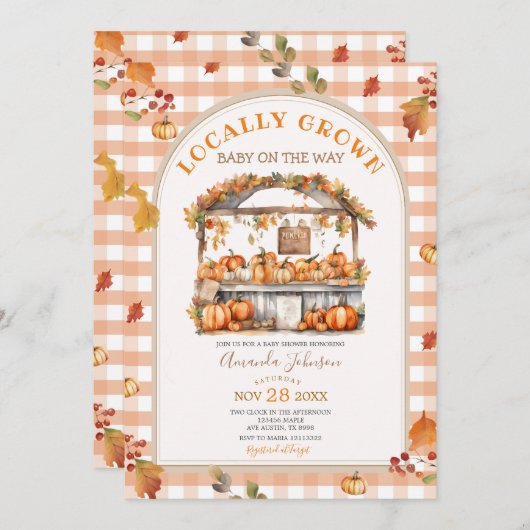 秋地元で栽培されたカボチャ市場の赤ちゃんシャワー 招待状 (正面/裏面)
