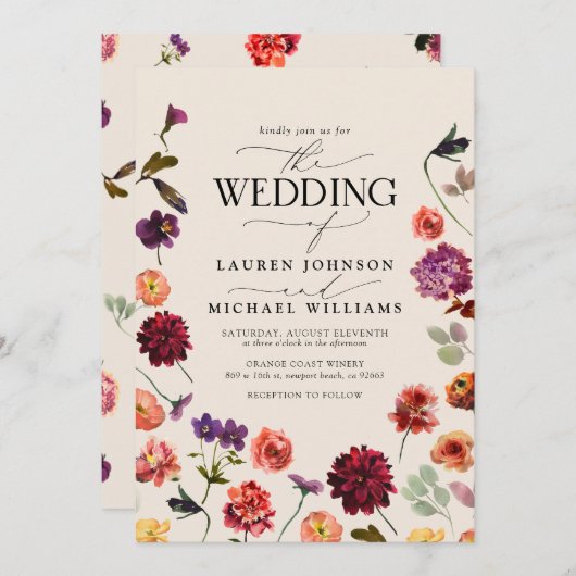 秋夏の庭の燃えたオレンジ色の花結婚の数 招待状 (正面/裏面)