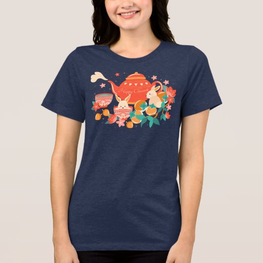 秋夕・中秋の名月 ティーポットとうさぎ トライブレンドTシャツ (正面)
