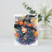 秋威厳のある魔女イラストレーションハッピーハローウィン ポストカード (スタンド正面)