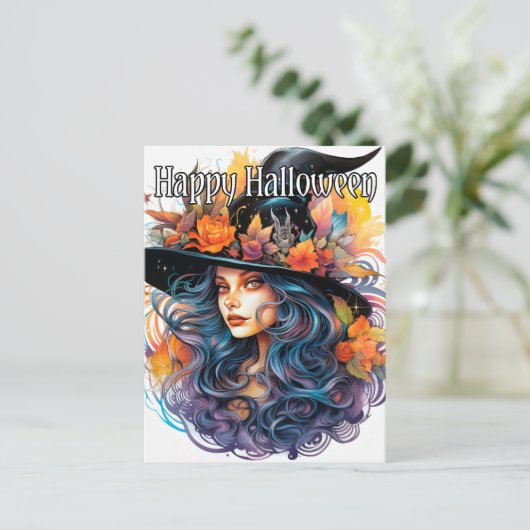 秋威厳のある魔女イラストレーションハッピーハローウィン ポストカード (スタンド正面)