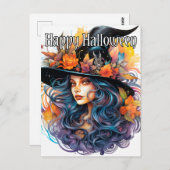 秋威厳のある魔女イラストレーションハッピーハローウィン ポストカード (正面/裏面)