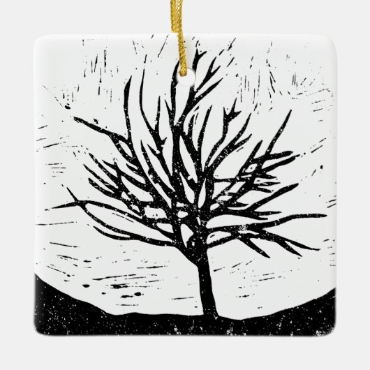 秋季ツリーリノプリント セラミックオーナメント (正面)