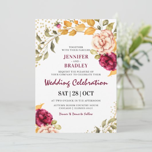 秋季ブルガンディフローラ&金ゴールドグリッター結婚ズ 招待状 (スタンド正面)