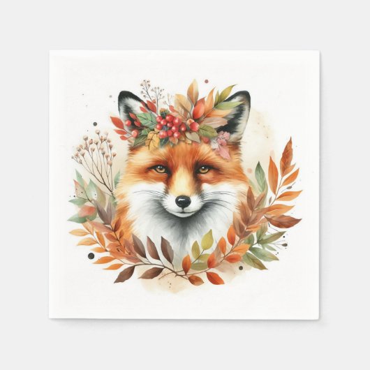 秋季秋をテーマにしたパーティーかわいいキツネフラワーリース スタンダードカクテルナプキン (正面)