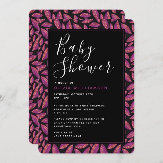 秋季秋パープル葉招待状ベビーシャワー 招待状 (正面/裏面)