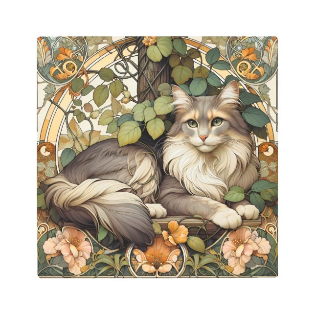 秋季金ゴールドアールヌーボーキャットエレガンス メタルプリント (正面)