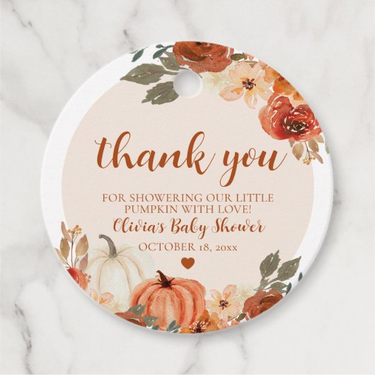 秋小さなかぼちゃの秋のフローラベビースシャワー フェイバータグ (正面)