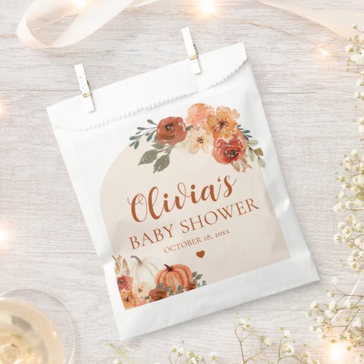 秋小さなかぼちゃの秋のフローラベビースシャワー フェイバーバッグ (クリップ留めされた状態)
