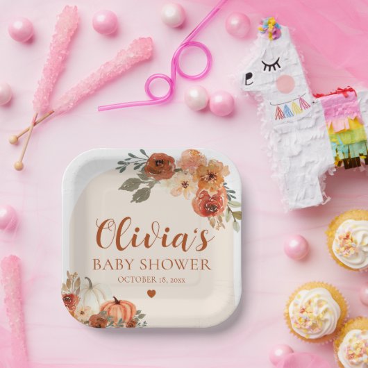 秋小さなかぼちゃの秋のフローラベビースシャワー ペーパープレート (パーティー)