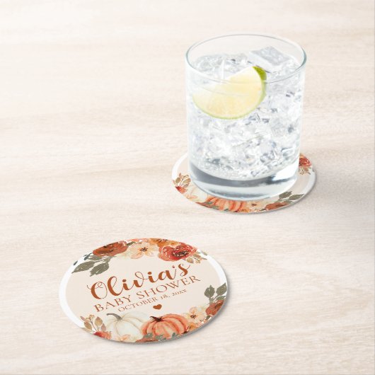 秋小さなかぼちゃの秋のフローラベビースシャワー ラウンドペーパーコースター