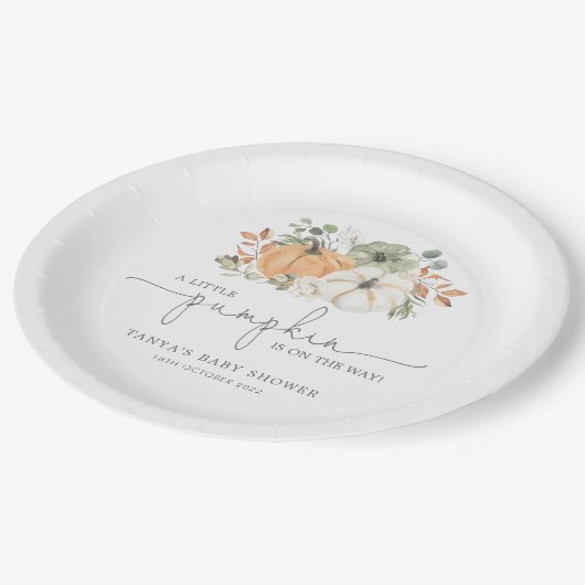 秋小さなかぼちゃの赤ちゃんシャワー ペーパープレート (アングル)