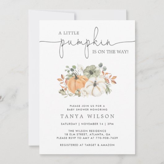 秋小さなかぼちゃの赤ちゃんシャワー 招待状 (正面)