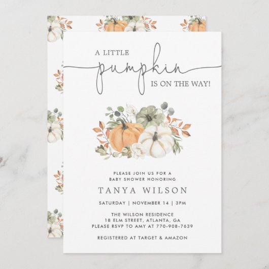 秋小さなかぼちゃの赤ちゃんシャワー 招待状 (正面/裏面)