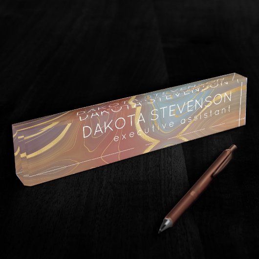 秋層 |テラコッタティール(緑がかった色)と金ゴールドアゲート デスクネームプレート