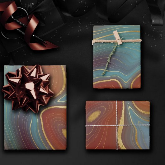 秋層 |テラコッタティール(緑がかった色)と金ゴールドアゲート ラッピングペーパーシート