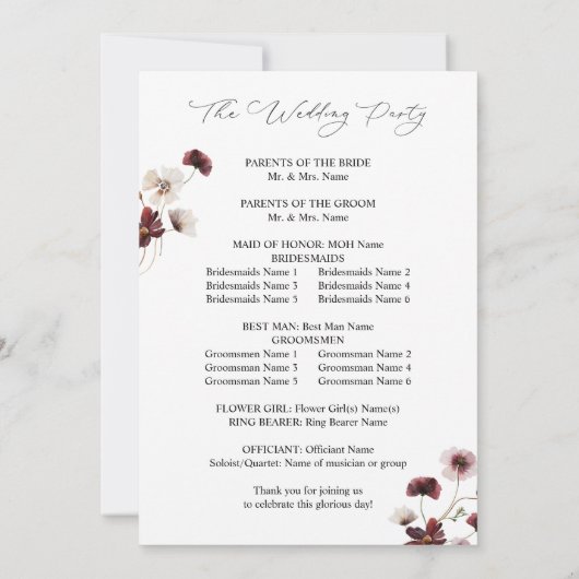 秋山花フローラ結婚式プログラム 招待状 (裏面)