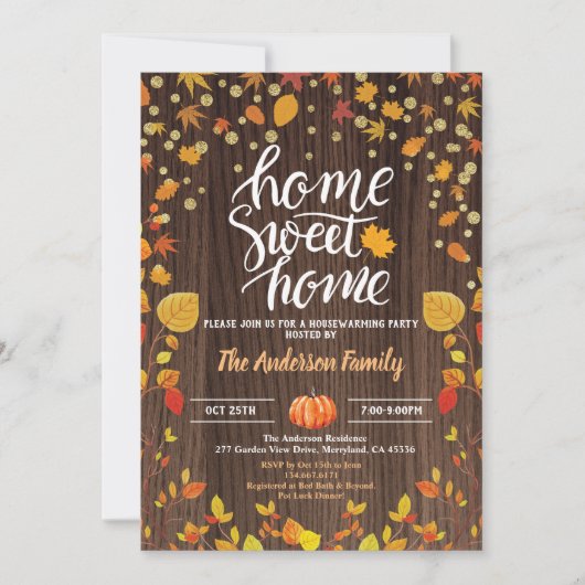 秋引っ越し祝いパーティーパーティー素朴な木のカボチャ金ゴールド 招待状 (正面)