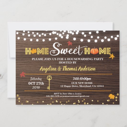 秋引っ越し祝いパーティーパーティー素朴な木の秋のカボチャ 招待状 (正面)