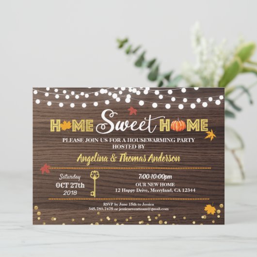 秋引っ越し祝いパーティーパーティー素朴な木の秋のカボチャ 招待状 (スタンド正面)