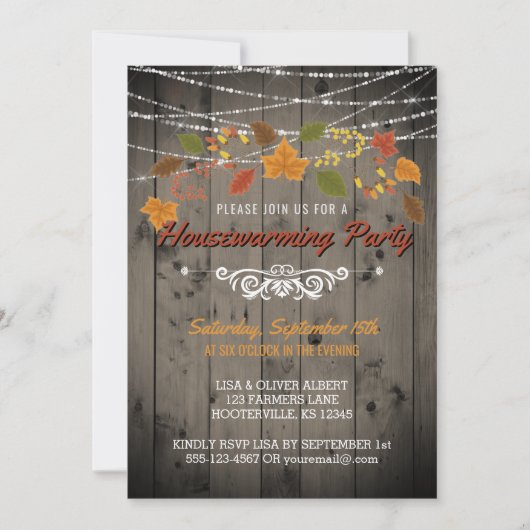 秋引っ越し祝いパーティーパーティー素朴木目紐灯 招待状 (正面)
