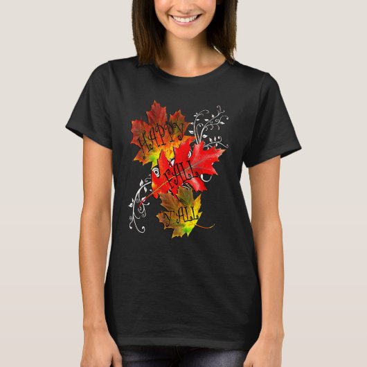 秋引用文ハッピー秋オールパターン葉秋 Tシャツ (正面)