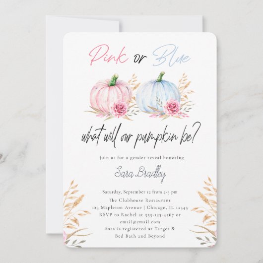 秋性別がカボチャのピンクとブルーを明らかにする 招待状 (正面)
