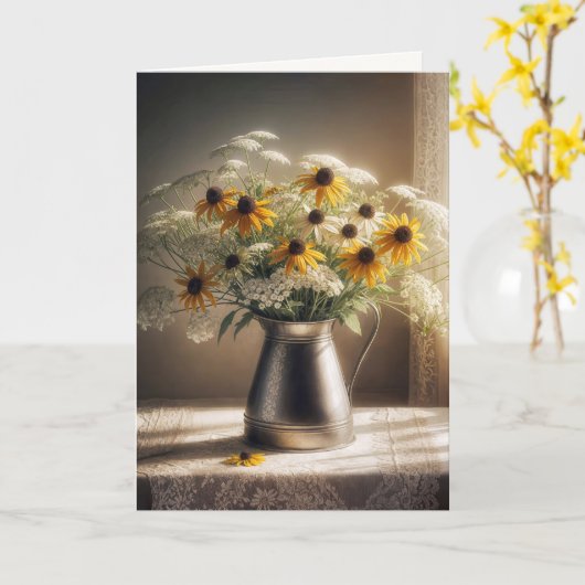 秋悔やみや弔慰フラワーブーケオンレース カード (黄色い花)