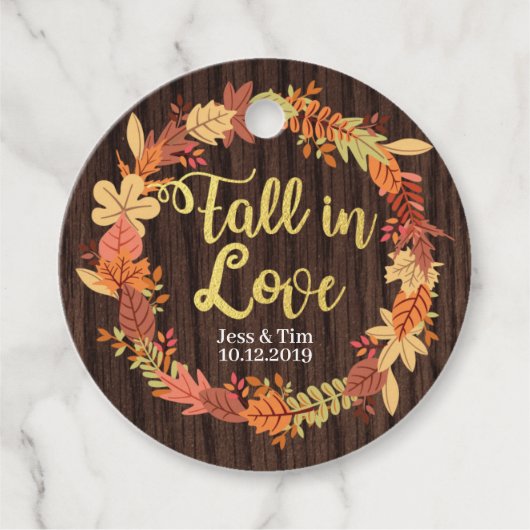 秋愛のメッセージカード。リース素朴な木材金ゴールド フェイバータグ (正面)