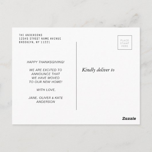 秋感謝祭の休日の引越し発表 ポストカード (裏面)