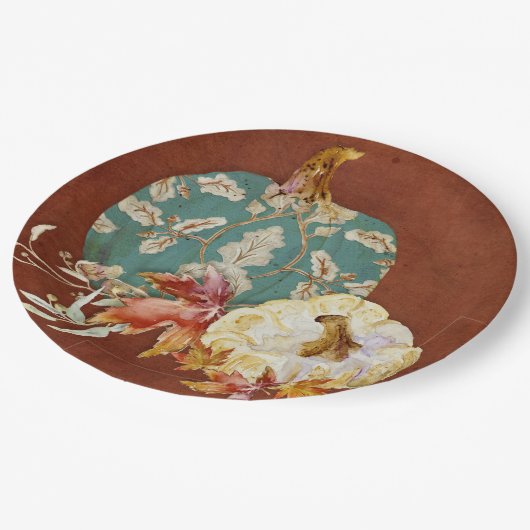 秋感謝祭カボチャの巻き物模様のリーフアート ペーパープレート (アングル)