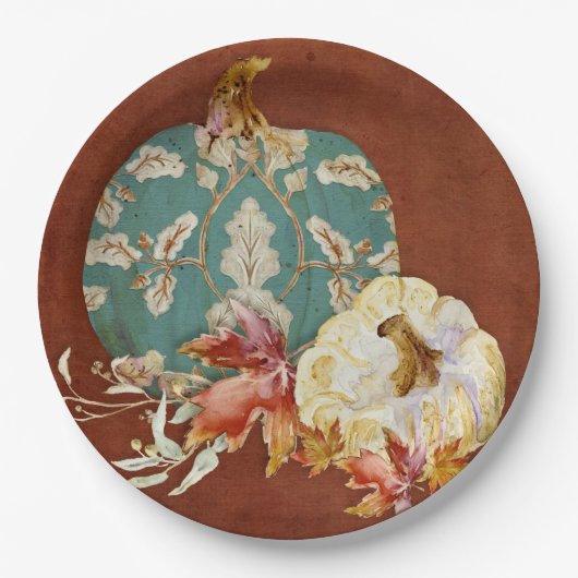 秋感謝祭カボチャの巻き物模様のリーフアート ペーパープレート (正面)