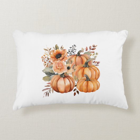 秋感謝祭ボホウォーターカラーパンプキン花模様 アクセントクッション (正面)