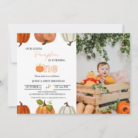 秋我々の小さなかぼちゃは1つの最初の誕生日を回す 招待状 (正面)