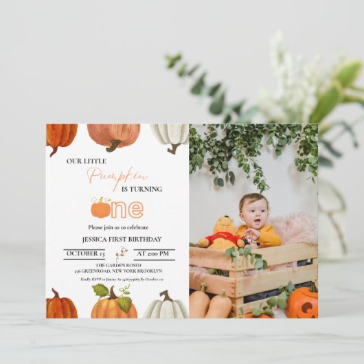 秋我々の小さなかぼちゃは1つの最初の誕生日を回す 招待状 (スタンド正面)