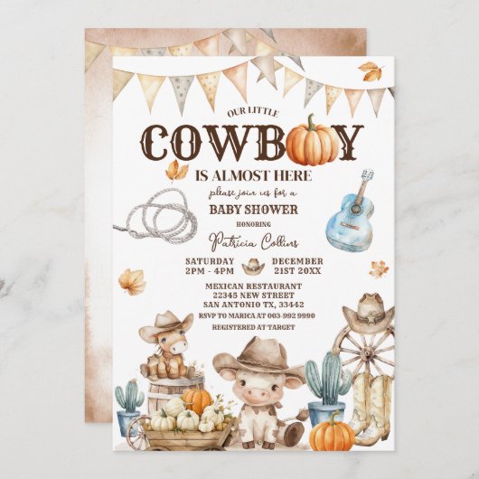 秋我々の小さなカウボーイワイルドウエストベイビーシャワー 招待状 (正面/裏面)