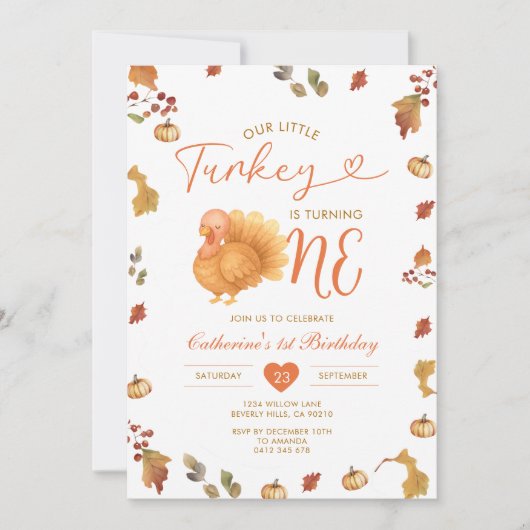 秋我々の小さなトルコは1歳の誕生日を回している 招待状 (正面)