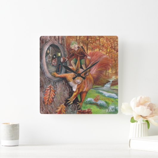 秋栗小妖精や小人 スクエア壁時計 (ホーム)