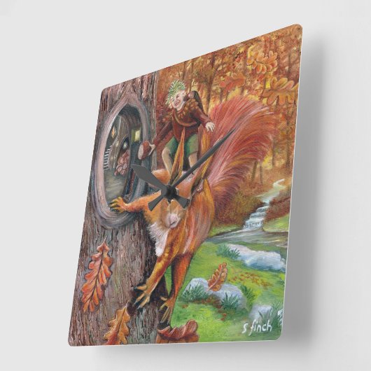 秋栗小妖精や小人 スクエア壁時計 (傾斜)