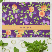 秋桃プラムパープルグリーンオレンジかわいいフルーツ キッチンタオル (折り畳み)