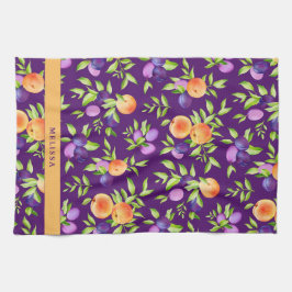 秋桃プラムパープルグリーンオレンジかわいいフルーツ キッチンタオル