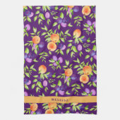 秋桃プラムパープルグリーンオレンジかわいいフルーツ キッチンタオル (縦)